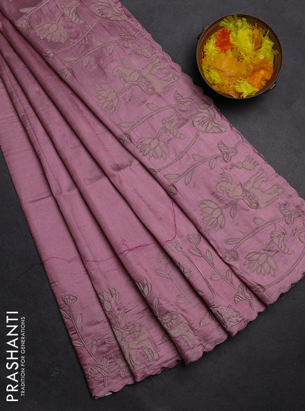 Semi tussar saree pastel pink with floral embroidery work and applique work border