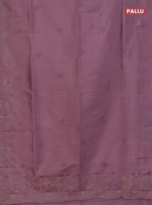Semi tussar saree pastel pink with floral embroidery work and applique work border