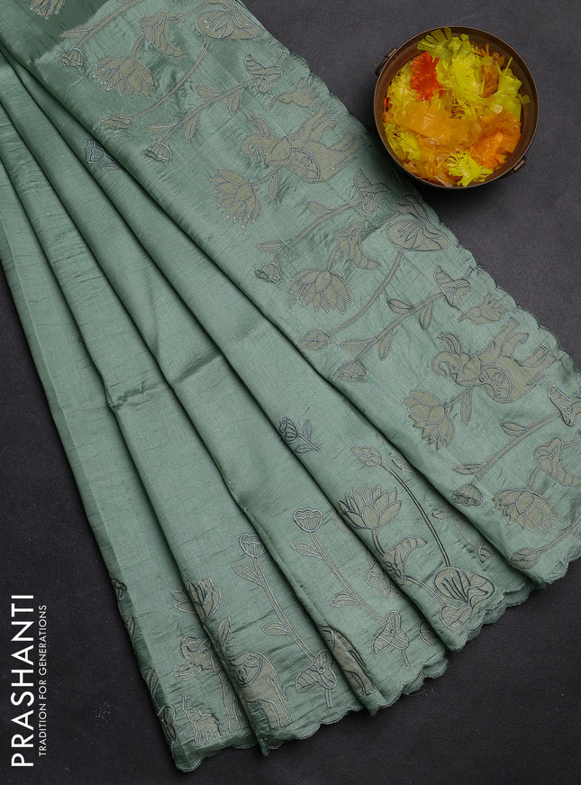 Semi tussar saree pastel green with floral embroidery work and applique work border