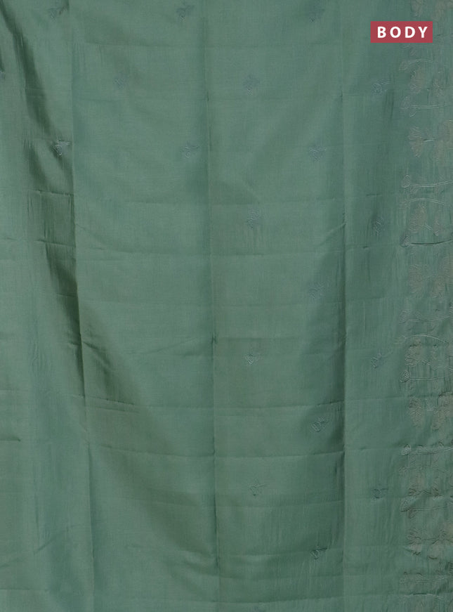 Semi tussar saree pastel green with floral embroidery work and applique work border