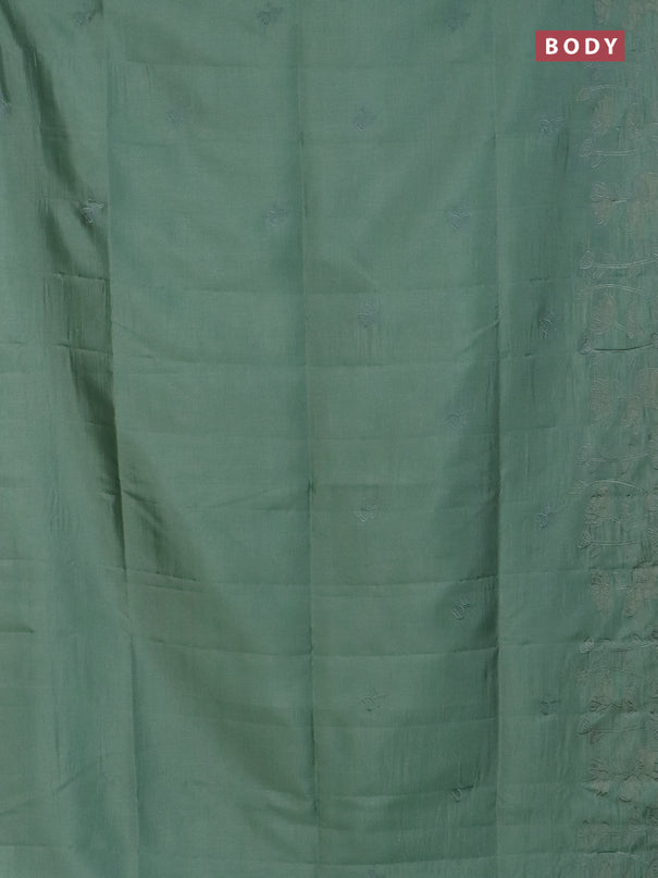 Semi tussar saree pastel green with floral embroidery work and applique work border