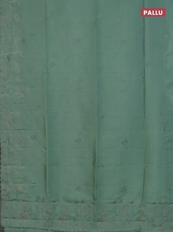 Semi tussar saree pastel green with floral embroidery work and applique work border