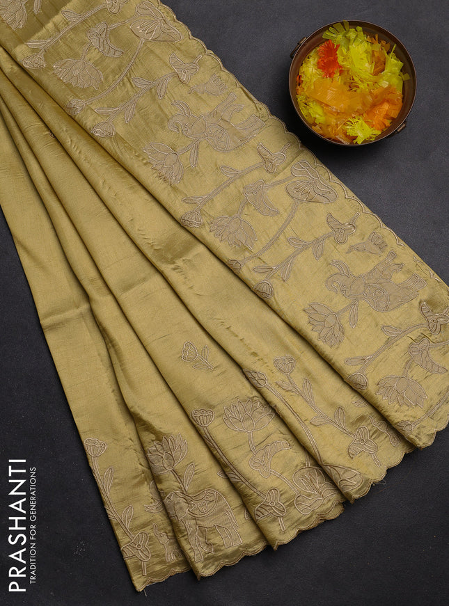 Semi tussar saree mustard shade with floral embroidery work and applique work border