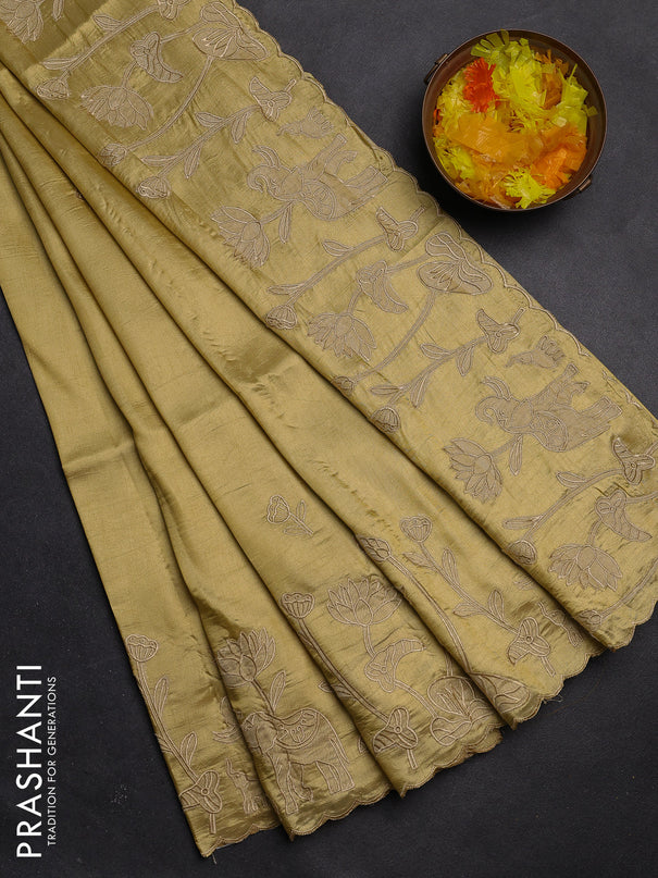 Semi tussar saree mustard shade with floral embroidery work and applique work border