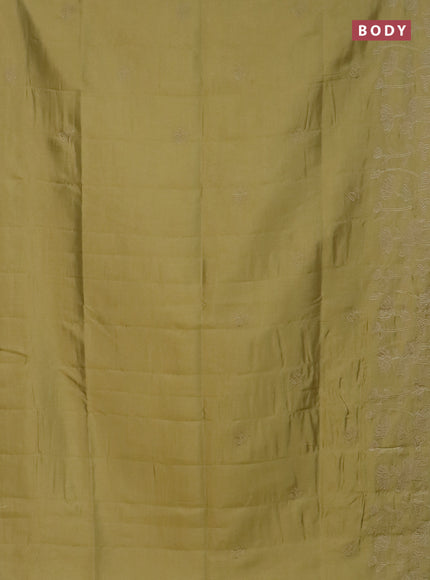 Semi tussar saree mustard shade with floral embroidery work and applique work border