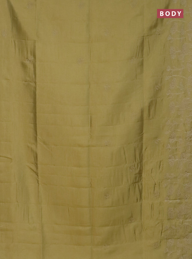 Semi tussar saree mustard shade with floral embroidery work and applique work border