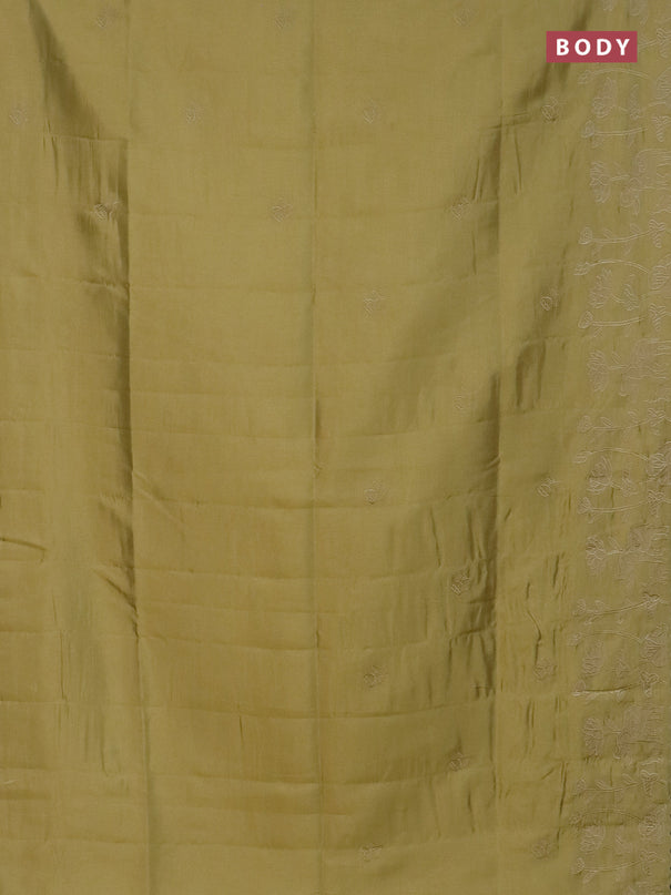 Semi tussar saree mustard shade with floral embroidery work and applique work border
