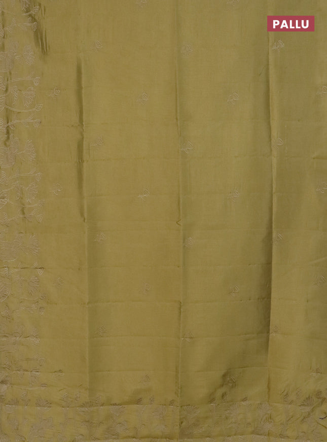 Semi tussar saree mustard shade with floral embroidery work and applique work border
