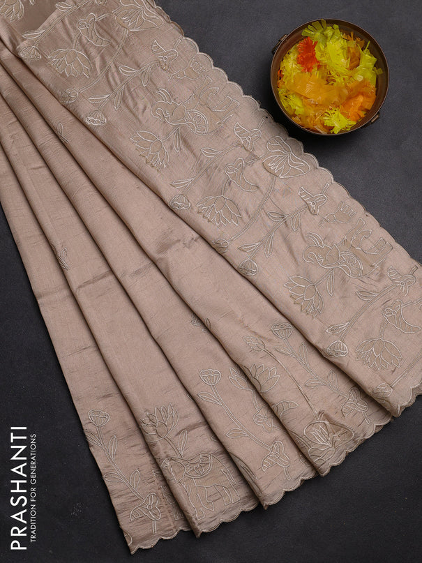 Semi tussar saree beige with floral embroidery work and applique work border