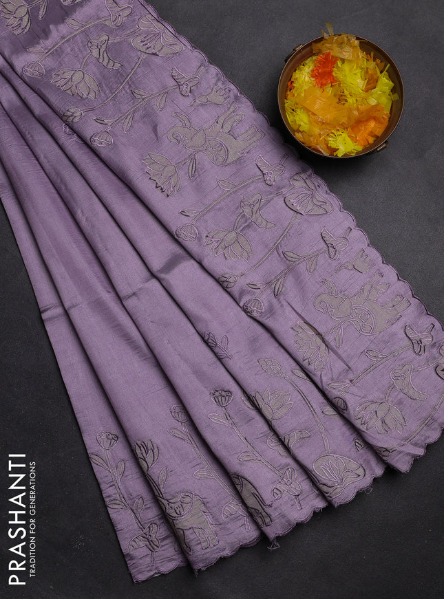 Semi tussar saree pastel lavender with floral embroidery work and applique work border