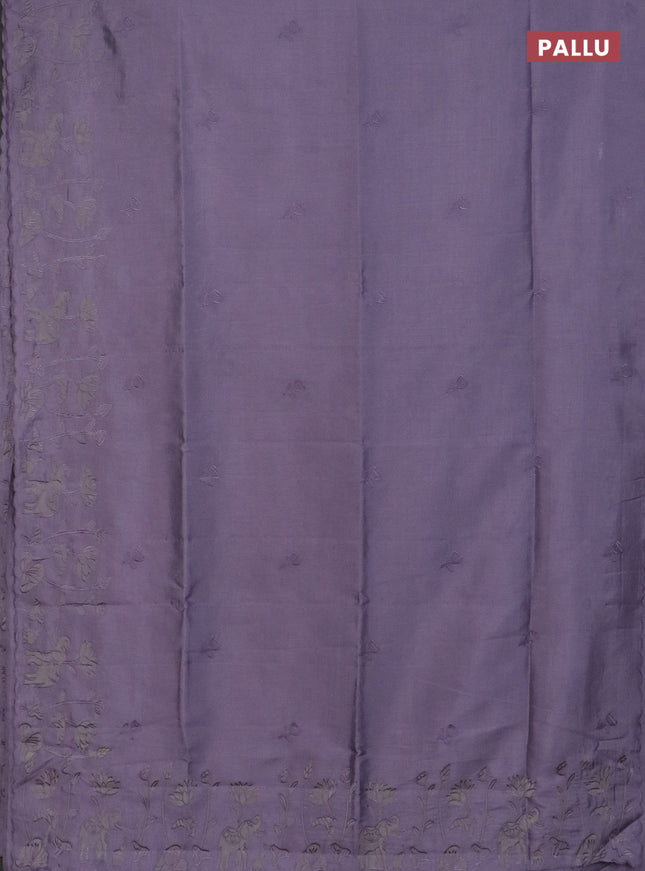 Semi tussar saree pastel lavender with floral embroidery work and applique work border