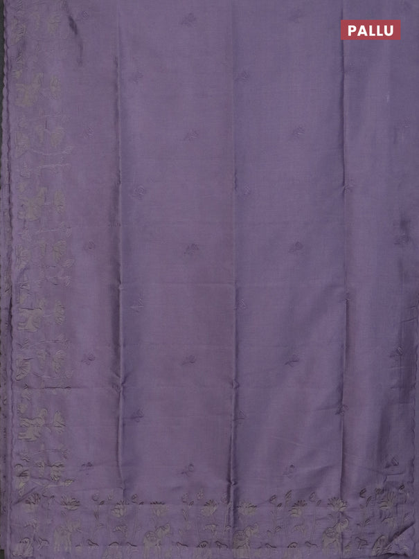 Semi tussar saree pastel lavender with floral embroidery work and applique work border