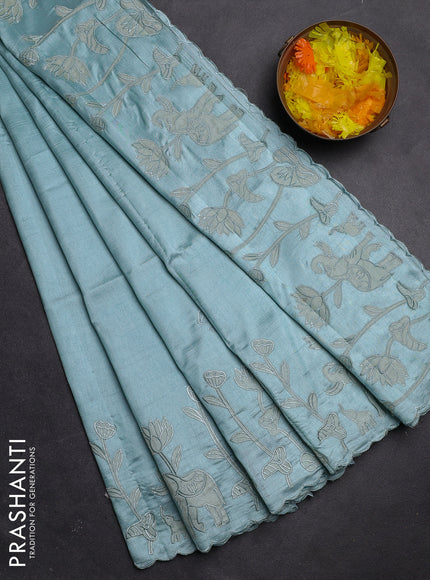 Semi tussar saree pastel blue with floral embroidery work and applique work border