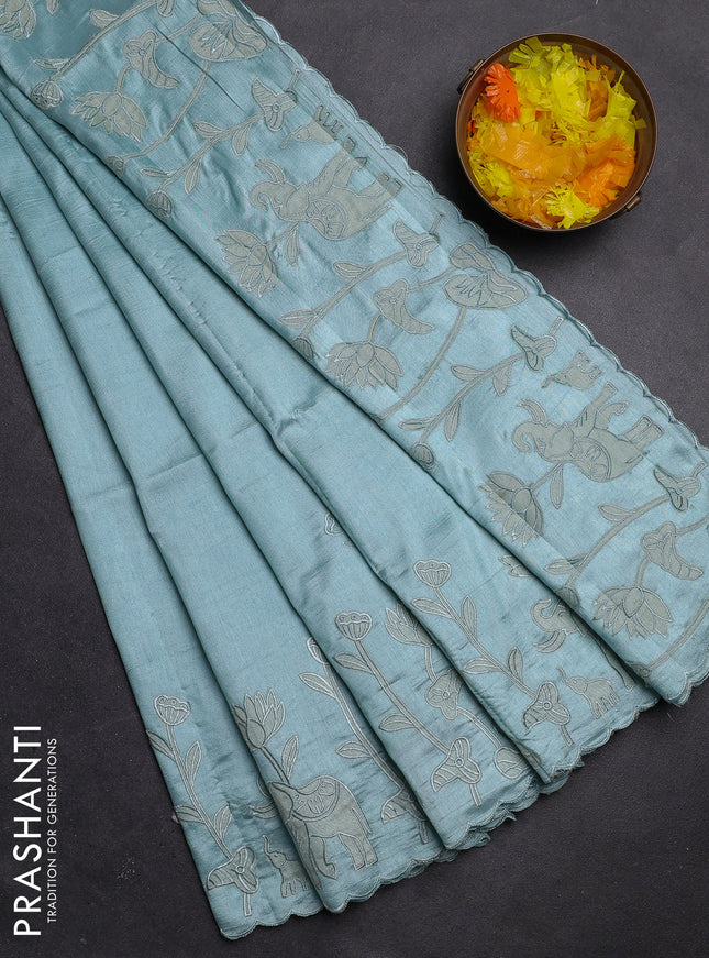 Semi tussar saree pastel blue with floral embroidery work and applique work border