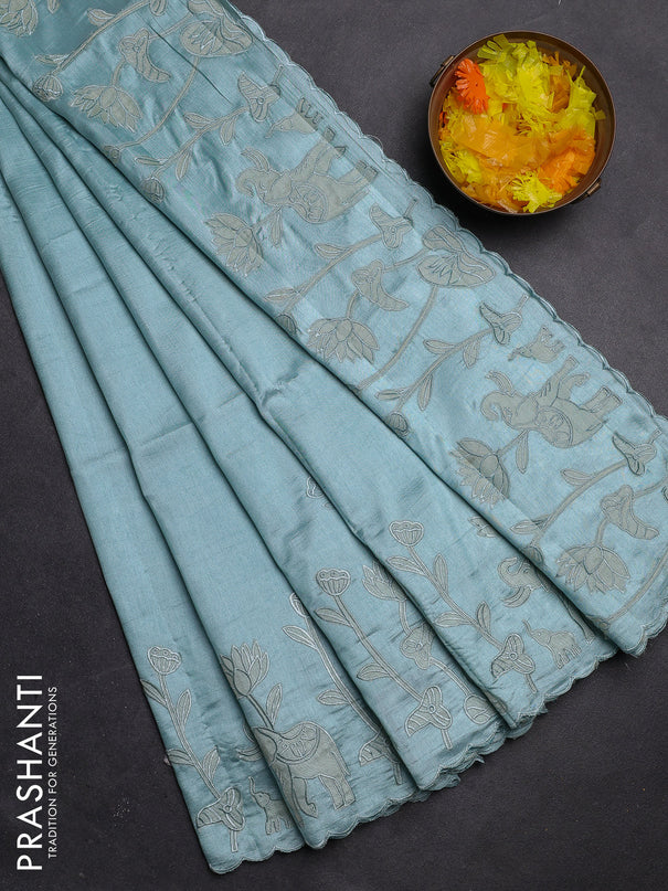 Semi tussar saree pastel blue with floral embroidery work and applique work border