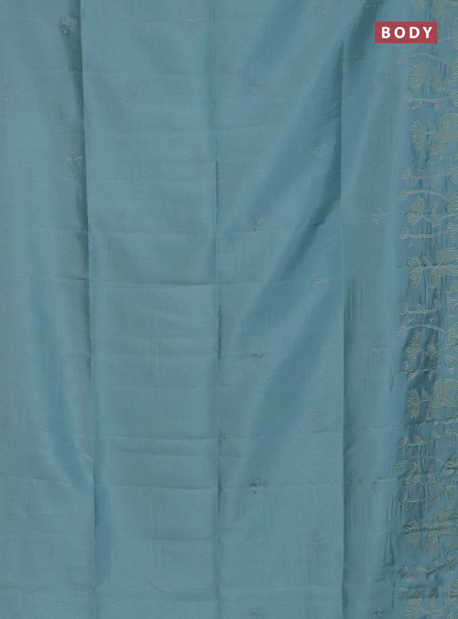 Semi tussar saree pastel blue with floral embroidery work and applique work border
