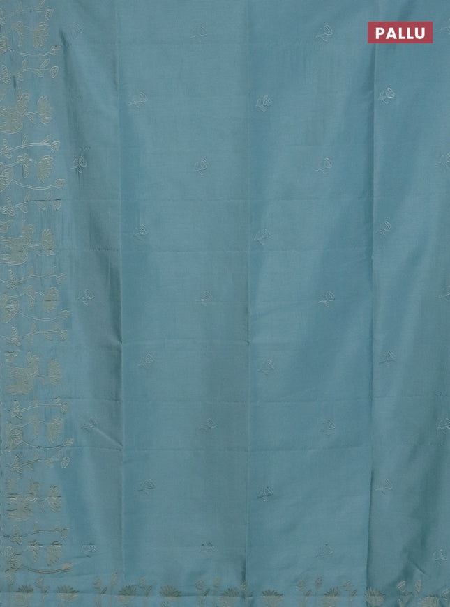 Semi tussar saree pastel blue with floral embroidery work and applique work border
