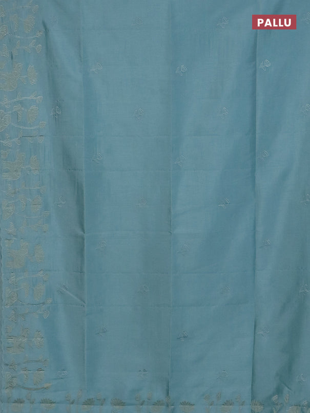 Semi tussar saree pastel blue with floral embroidery work and applique work border