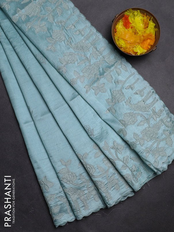 Semi tussar saree pastel blue with floral embroidery work and applique work border