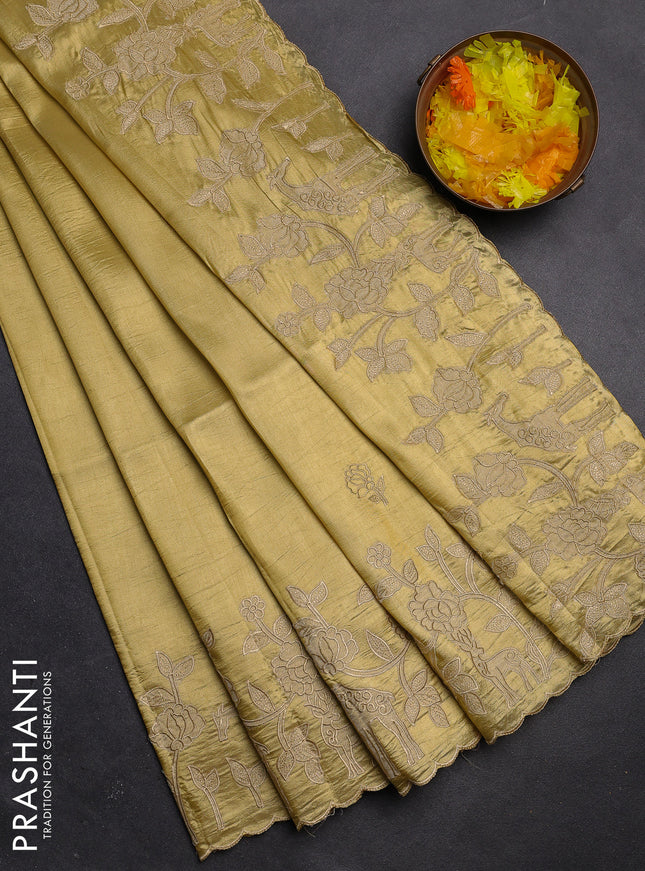 Semi tussar saree mustard shade with floral embroidery work and applique work border