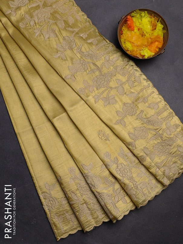 Semi tussar saree mustard shade with floral embroidery work and applique work border