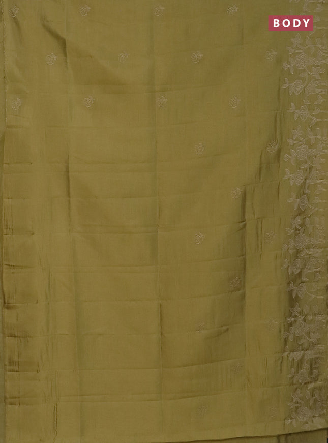 Semi tussar saree mustard shade with floral embroidery work and applique work border