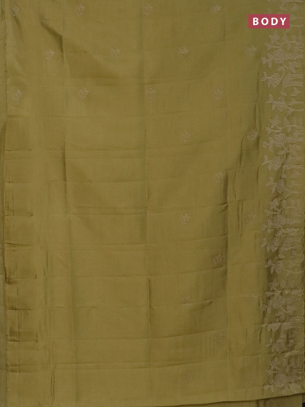 Semi tussar saree mustard shade with floral embroidery work and applique work border