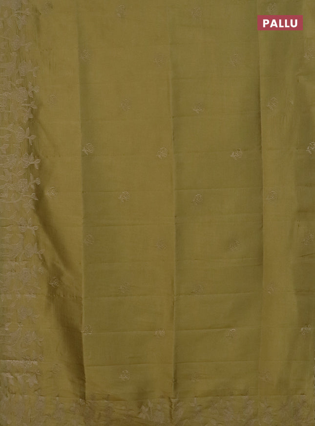 Semi tussar saree mustard shade with floral embroidery work and applique work border