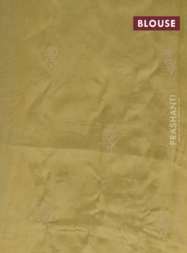 Semi tussar saree mustard shade with floral embroidery work and applique work border