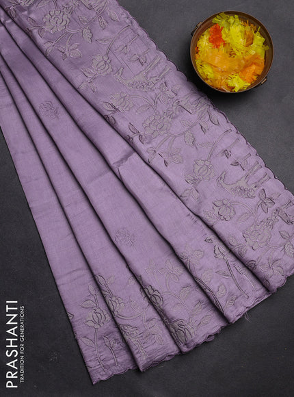 Semi tussar saree pastel lavender with floral embroidery work and applique work border