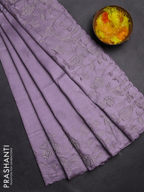Semi tussar saree pastel lavender with floral embroidery work and applique work border
