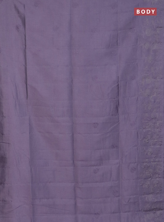 Semi tussar saree pastel lavender with floral embroidery work and applique work border
