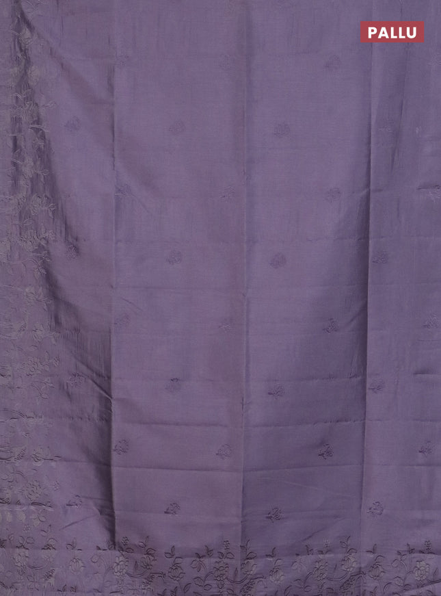 Semi tussar saree pastel lavender with floral embroidery work and applique work border