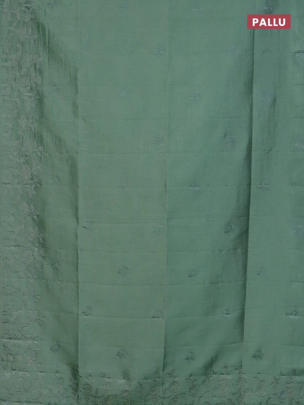 Semi tussar saree pastel green with floral embroidery work and applique work border