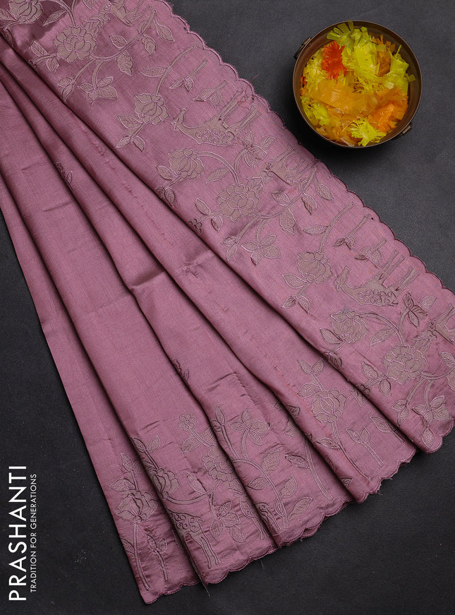 Semi tussar saree pastel pink with floral embroidery work and applique work border