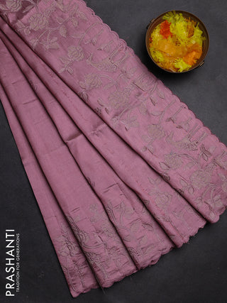 Semi tussar saree pastel pink with floral embroidery work and applique work border
