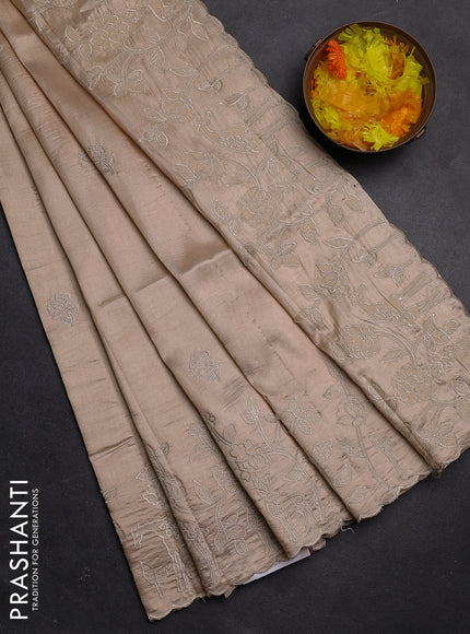 Semi tussar saree beige with floral embroidery work and applique work border