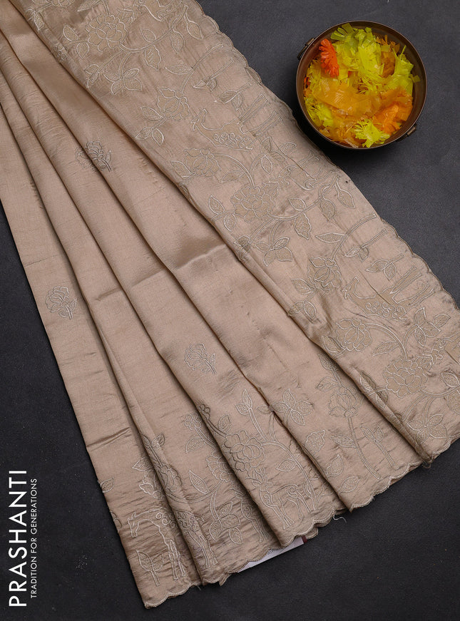 Semi tussar saree beige with floral embroidery work and applique work border