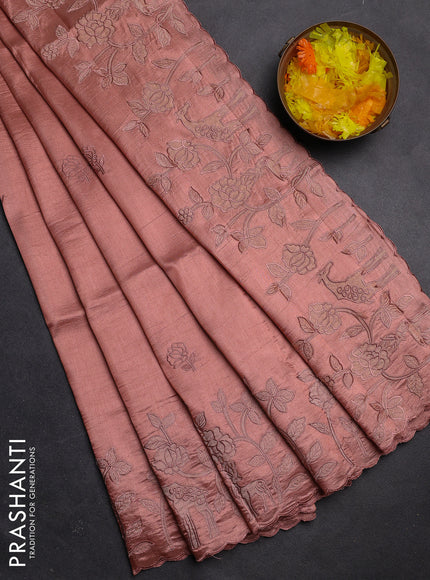 Semi tussar saree pastel peach with floral embroidery work and applique work border