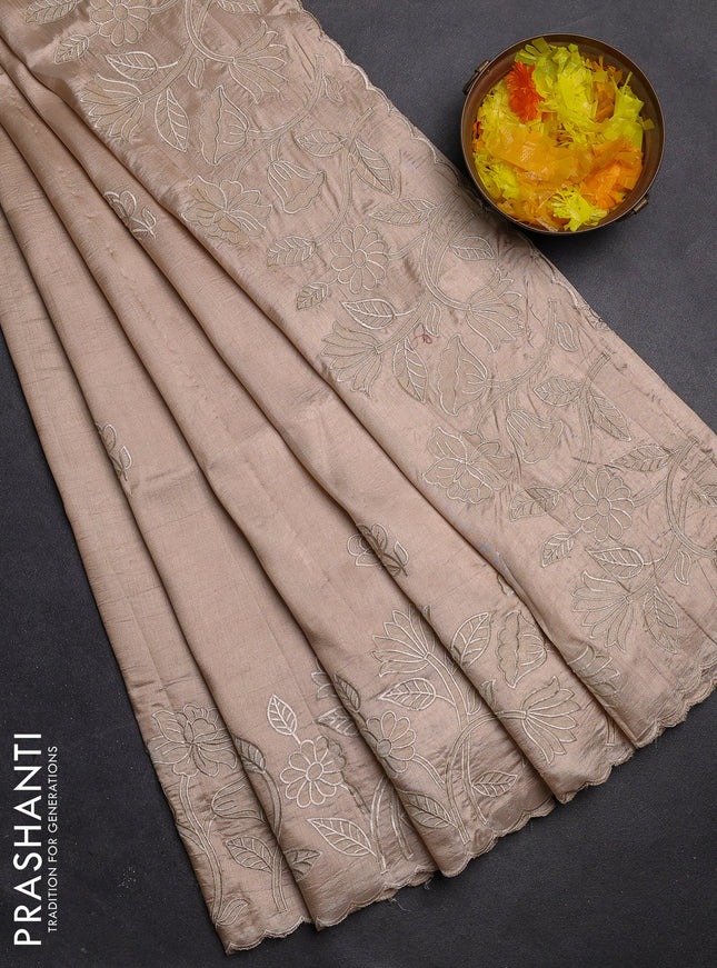Semi tussar saree beige with floral embroidery work and applique work border