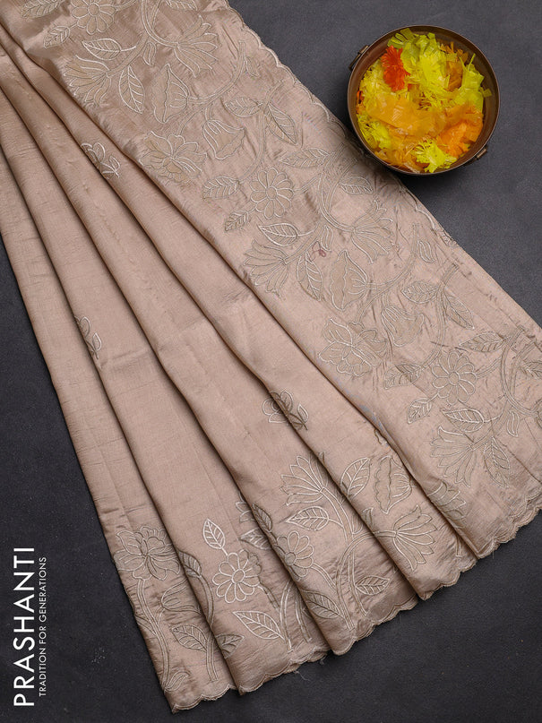 Semi tussar saree beige with floral embroidery work and applique work border