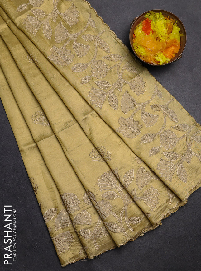 Semi tussar saree mustard shade with floral embroidery work and applique work border