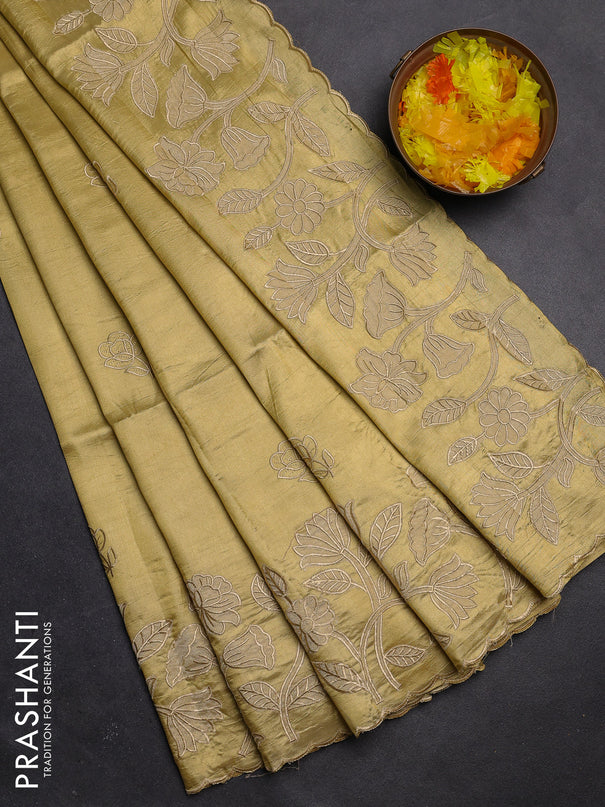 Semi tussar saree mustard shade with floral embroidery work and applique work border