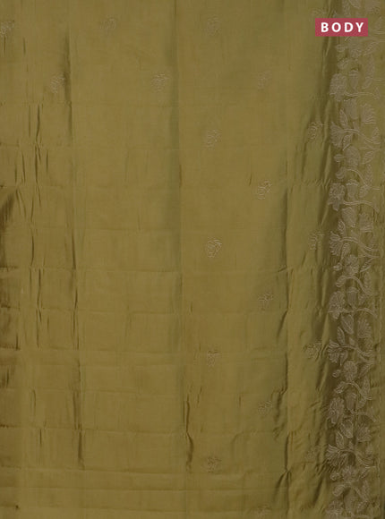 Semi tussar saree mustard shade with floral embroidery work and applique work border