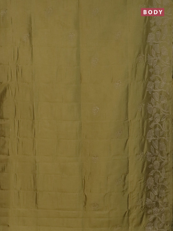 Semi tussar saree mustard shade with floral embroidery work and applique work border