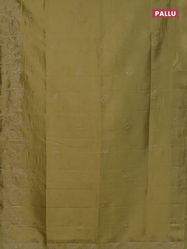 Semi tussar saree mustard shade with floral embroidery work and applique work border