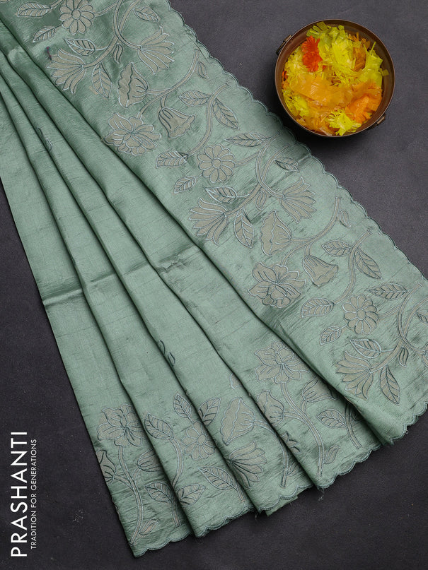 Semi tussar saree pastel green with floral embroidery work and applique work border