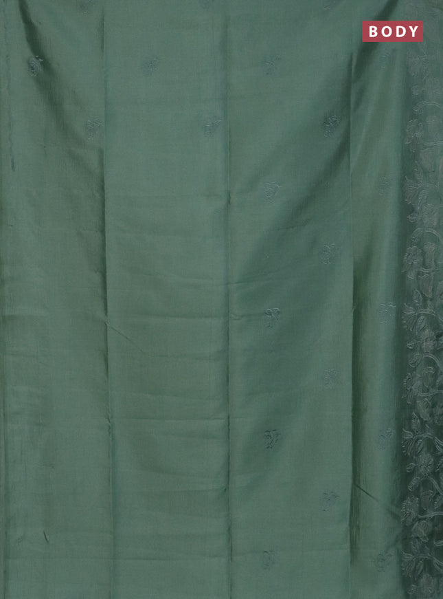 Semi tussar saree pastel green with floral embroidery work and applique work border