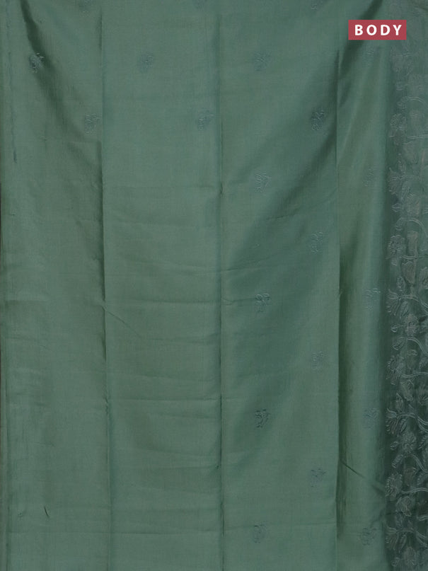 Semi tussar saree pastel green with floral embroidery work and applique work border