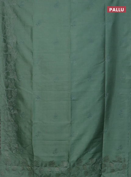 Semi tussar saree pastel green with floral embroidery work and applique work border